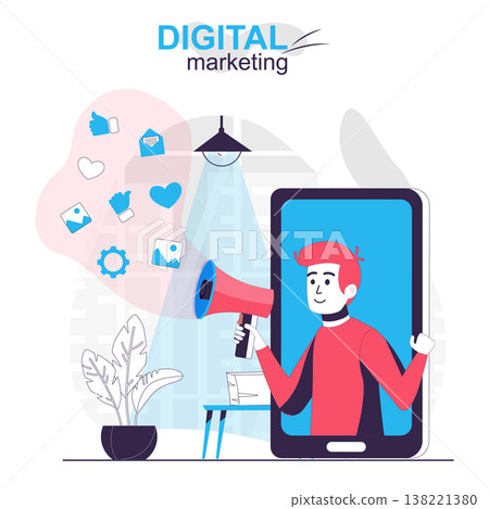 Digital marketing isolated cartoon concept. Online advertising campaign at mobile app, people scene in flat design. Vector illustration for blogging, website, mobile app, promotional materials. Digital marketing isolated cartoon concept. Online advertising campaign at mobile app, people scene in flat design. Vector illustration for blogging, website, mobile app, promotional materials. 138221380