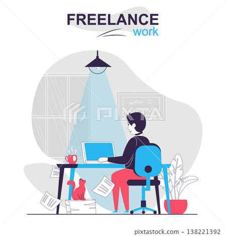 Freelance work isolated cartoon concept. Man freelancer working on laptop at home online people scene in flat design. Vector illustration for blogging, website, mobile app, promotional materials. Freelance work isolated cartoon concept. Man freelancer working on laptop at home online people scene in flat design. Vector illustration for blogging, website, mobile app, promotional materials. 138221392