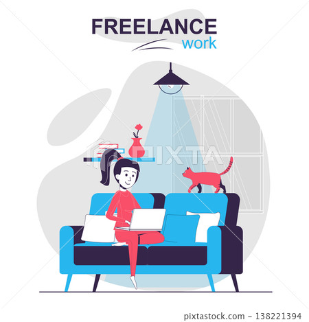 Freelance work isolated cartoon concept. Remote worker or freelancer works online at home, people scene in flat design. Vector illustration for blogging, website, mobile app, promotional materials. Freelance work isolated cartoon concept. Remote worker or freelancer works online at home, people scene in flat design. Vector illustration for blogging, website, mobile app, promotional materials. 138221394