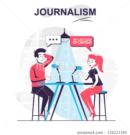 Journalism isolated cartoon concept. Journalist talks to guest of TV show and interviews, people scene in flat design. Vector illustration for blogging, website, mobile app, promotional materials. 138221395