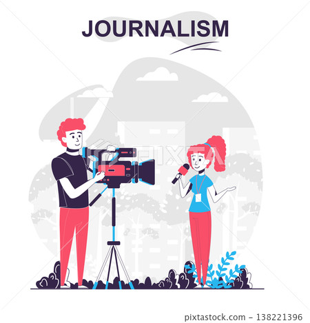 Journalism isolated cartoon concept. Journalist makes report, records story with cameraman, people scene in flat design. Vector illustration for blogging, website, mobile app, promotional materials. 138221396