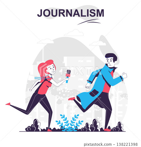 Journalism isolated cartoon concept. Journalist or paparazzi runs after man, mass media people scene in flat design. Vector illustration for blogging, website, mobile app, promotional materials. 138221398
