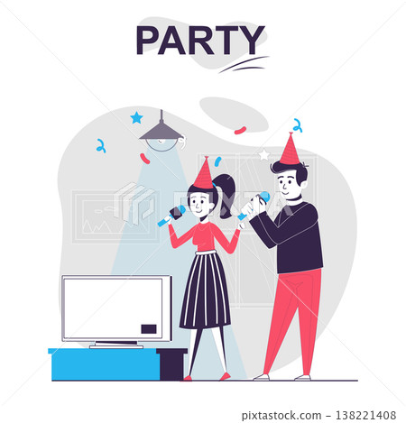 Party isolated cartoon concept. Man and woman celebrate holiday, sing karaoke and have fun, people scene in flat design. Vector illustration for blogging, website, mobile app, promotional materials. 138221408