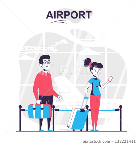 Airport isolated cartoon concept. Travelers with luggage waiting in line at tickets control, people scene in flat design. Vector illustration for blogging, website, mobile app, promotional materials. Airport isolated cartoon concept. Travelers with luggage waiting in line at tickets control, people scene in flat design. Vector illustration for blogging, website, mobile app, promotional materials. 138221411