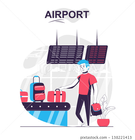 Airport isolated cartoon concept. Man takes his luggage at airport baggage claim area, people scene in flat design. Vector illustration for blogging, website, mobile app, promotional materials. Airport isolated cartoon concept. Man takes his luggage at airport baggage claim area, people scene in flat design. Vector illustration for blogging, website, mobile app, promotional materials. 138221413
