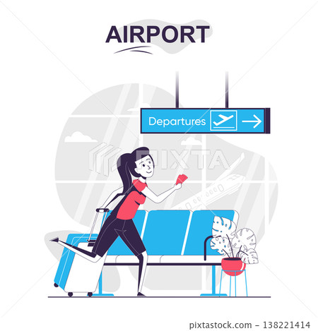 Airport isolated cartoon concept. Woman with luggage hurries to board plane, traveling people scene in flat design. Vector illustration for blogging, website, mobile app, promotional materials. 138221414