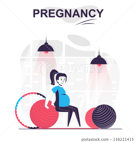 Pregnancy and motherhood isolated cartoon concept. Pregnant woman doing fitness on big ball, people scene in flat design. Vector illustration for blogging, website, mobile app, promotional materials. Pregnancy and motherhood isolated cartoon concept. Pregnant woman doing fitness on big ball, people scene in flat design. Vector illustration for blogging, website, mobile app, promotional materials. 138221415