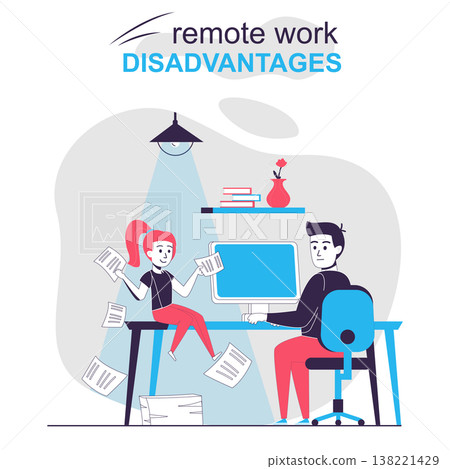 Remote work disadvantages isolated cartoon concept. Child distracts father working at home, people scene in flat design. Vector illustration for blogging, website, mobile app, promotional materials. Remote work disadvantages isolated cartoon concept. Child distracts father working at home, people scene in flat design. Vector illustration for blogging, website, mobile app, promotional materials. 138221429