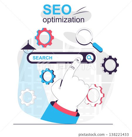 Seo optimization isolated cartoon concept. Setting up search engine, strategy site promotion, people scene in flat design. Vector illustration for blogging, website, mobile app, promotional materials. 138221433