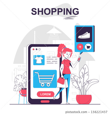Shopping isolated cartoon concept. Woman chooses products in mobile app, pays for purchases, people scene in flat design. Vector illustration for blogging, website, mobile app, promotional materials. Shopping isolated cartoon concept. Woman chooses products in mobile app, pays for purchases, people scene in flat design. Vector illustration for blogging, website, mobile app, promotional materials. 138221437