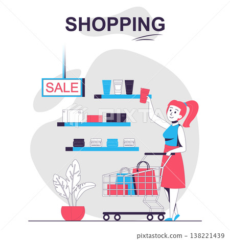 Shopping isolated cartoon concept. Woman buying cosmetics on sale in store, customers people scene in flat design. Vector illustration for blogging, website, mobile app, promotional materials. Shopping isolated cartoon concept. Woman buying cosmetics on sale in store, customers people scene in flat design. Vector illustration for blogging, website, mobile app, promotional materials. 138221439