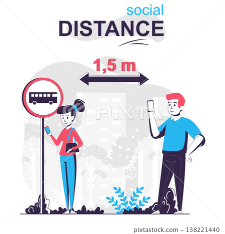 Social distance isolated cartoon concept. Man and woman distancing at bus stop, coronavirus people scene in flat design. Vector illustration for blogging, website, mobile app, mobile site. Social distance isolated cartoon concept. Man and woman distancing at bus stop, coronavirus people scene in flat design. Vector illustration for blogging, website, mobile app, mobile site. 138221440