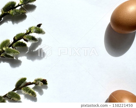 still life with Easter eggs and willow branches, consecrated by the sun 138221450