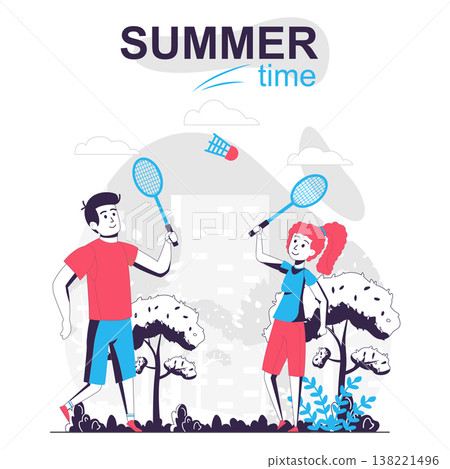 Summertime activity isolated cartoon concept. Man and woman playing tennis in city park, people scene in flat design. Vector illustration for blogging, website, mobile app, promotional materials. 138221496