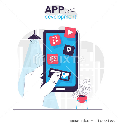 App development isolated cartoon concept. Creation and optimization of programs and apps, people scene in flat design. Vector illustration for blogging, website, mobile app, promotional materials. App development isolated cartoon concept. Creation and optimization of programs and apps, people scene in flat design. Vector illustration for blogging, website, mobile app, promotional materials. 138221500