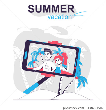 Summer vacation isolated cartoon concept. Couple taking selfie photo on beach, resting people scene in flat design. Vector illustration for blogging, website, mobile app, promotional materials. Summer vacation isolated cartoon concept. Couple taking selfie photo on beach, resting people scene in flat design. Vector illustration for blogging, website, mobile app, promotional materials. 138221502