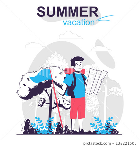 Summer vacation isolated cartoon concept. Traveler with backpack and map is hiking, resting people scene in flat design. Vector illustration for blogging, website, mobile app, promotional materials. Summer vacation isolated cartoon concept. Traveler with backpack and map is hiking, resting people scene in flat design. Vector illustration for blogging, website, mobile app, promotional materials. 138221503