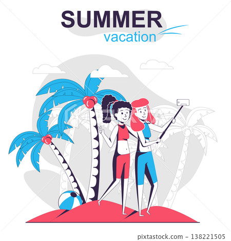 Summer vacation isolated cartoon concept. Happy women take selfie on sea beach, resting people scene in flat design. Vector illustration for blogging, website, mobile app, promotional materials. Summer vacation isolated cartoon concept. Happy women take selfie on sea beach, resting people scene in flat design. Vector illustration for blogging, website, mobile app, promotional materials. 138221505