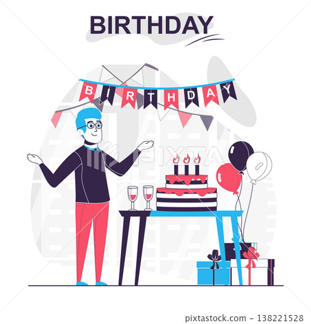 Birthday isolated cartoon concept. Man celebrating at party with cake, gifts and decor, people scene in flat design. Vector illustration for blogging, website, mobile app, promotional materials. Birthday isolated cartoon concept. Man celebrating at party with cake, gifts and decor, people scene in flat design. Vector illustration for blogging, website, mobile app, promotional materials. 138221528