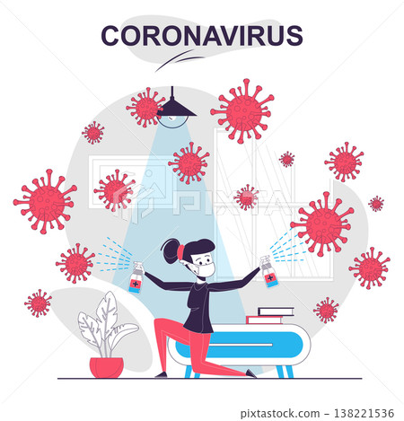 Coronavirus isolated cartoon concept. Woman spraying disinfection and fighting virus at home, people scene in flat design. Vector illustration for blogging, website, mobile app, mobile site. Coronavirus isolated cartoon concept. Woman spraying disinfection and fighting virus at home, people scene in flat design. Vector illustration for blogging, website, mobile app, mobile site. 138221536