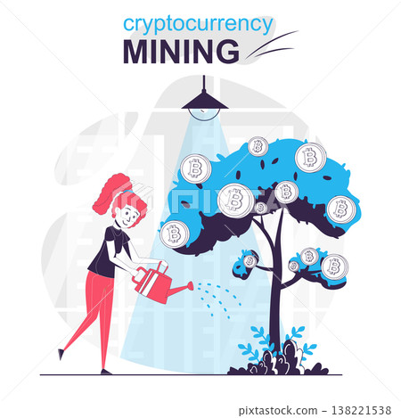 Cryptocurrency mining isolated cartoon concept. Woman watering money tree with bitcoins, people scene in flat design. Vector illustration for blogging, website, mobile app, promotional materials. Cryptocurrency mining isolated cartoon concept. Woman watering money tree with bitcoins, people scene in flat design. Vector illustration for blogging, website, mobile app, promotional materials. 138221538