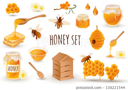 Honey production icon set in realistic 3d design. Bundle of bees, honeycomb, apiary, toast, beehive, jar with honey and other. Beekeeping collection. Vector illustration isolated on white background Honey production icon set in realistic 3d design. Bundle of bees, honeycomb, apiary, toast, beehive, jar with honey and other. Beekeeping collection. Vector illustration isolated on white background 138221544