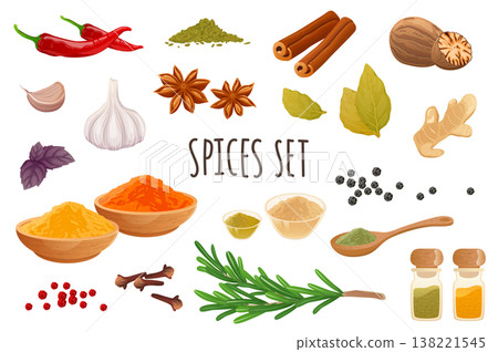 Spices icon set in realistic 3d design. Bundle of chilli, cinnamon, garlic, ginger, rosemary, nutmeg, cloves, star anise and other. Cooking collection. Vector illustration isolated on white background Spices icon set in realistic 3d design. Bundle of chilli, cinnamon, garlic, ginger, rosemary, nutmeg, cloves, star anise and other. Cooking collection. Vector illustration isolated on white background 138221545