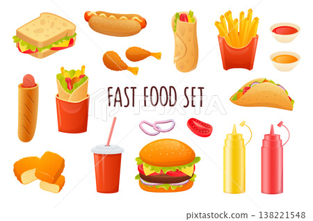 Fast food icon set in realistic 3d design. Bundle of sandwich, hot dog, fries, tacos, soda, hamburger, sauces and other. Unhealthy menu collection. Vector illustration isolated on white background 138221548