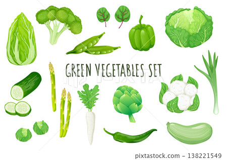 Green vegetables icon set in realistic 3d design. Bundle of cabbage, broccoli, peas, pepper, cucumber, zucchini and other. Vegetarian menu collection. Vector illustration isolated on white background 138221549