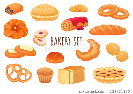 Bakery icon set in realistic 3d design. Bundle of sweet rolls, pie, cookies, muffins, croissant, fresh bread, bun and other. Baking menu collection. Vector illustration isolated on white background 138221550