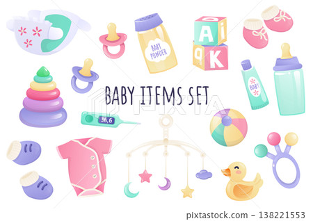 Baby items icon set in realistic 3d design. Bundle of diaper, pacifier, powder, cream, bottle, clothes, toys and other. Newborn accessory collection. Vector illustration isolated on white background Baby items icon set in realistic 3d design. Bundle of diaper, pacifier, powder, cream, bottle, clothes, toys and other. Newborn accessory collection. Vector illustration isolated on white background 138221553