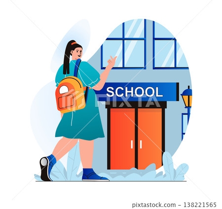 Education concept in modern flat design. Teenager pupil goes to school. Student stands in front of entrance to school building. Young girl learning at college or university. Vector illustration Education concept in modern flat design. Teenager pupil goes to school. Student stands in front of entrance to school building. Young girl learning at college or university. Vector illustration 138221565