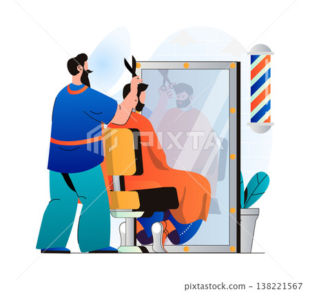 Barbershop concept in modern flat design. Hairdresser cutting client hair in male salon. Man customer came to stylist to get professional hair care and fashionable hairstyle. Vector illustration Barbershop concept in modern flat design. Hairdresser cutting client hair in male salon. Man customer came to stylist to get professional hair care and fashionable hairstyle. Vector illustration 138221567