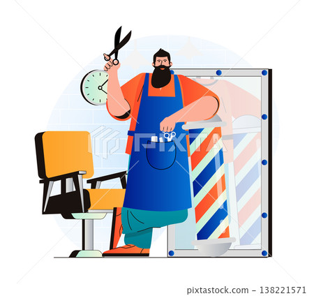 Barbershop concept in modern flat design. Professional hairdresser or barber hold scissors and wait for clients. Hair care procedures, fashionable haircut and hairstyle in salon. Vector illustration Barbershop concept in modern flat design. Professional hairdresser or barber hold scissors and wait for clients. Hair care procedures, fashionable haircut and hairstyle in salon. Vector illustration 138221571