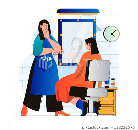 Beauty salon concept in modern flat design. Hairdresser getting ready to making haircut or hairstyle for client. Woman sitting at chair and receiving hair care at female salon. Vector illustration Beauty salon concept in modern flat design. Hairdresser getting ready to making haircut or hairstyle for client. Woman sitting at chair and receiving hair care at female salon. Vector illustration 138221576