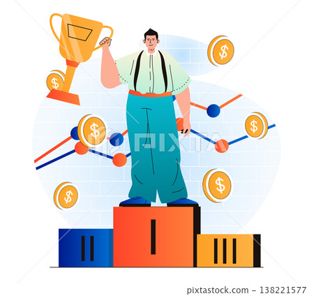 Business award concept in modern flat design. Businessman holds gold cup, won first place in competition. Triumph celebrate, profit growth, achievement of goals, leadership. Vector illustration Business award concept in modern flat design. Businessman holds gold cup, won first place in competition. Triumph celebrate, profit growth, achievement of goals, leadership. Vector illustration 138221577