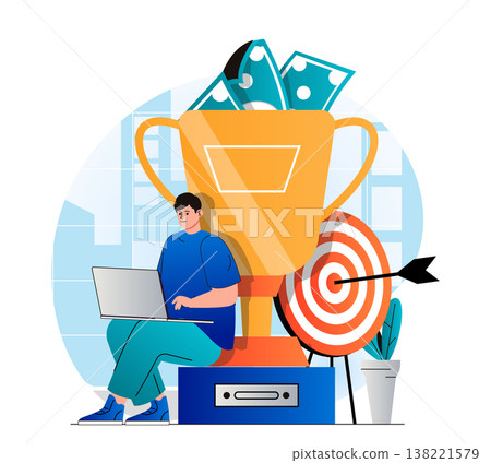 Business award concept in modern flat design. Businessman working on laptop near gold cup, won first place in competition. Triumph, profit growth, achievement of goals, targeting. Vector illustration Business award concept in modern flat design. Businessman working on laptop near gold cup, won first place in competition. Triumph, profit growth, achievement of goals, targeting. Vector illustration 138221579