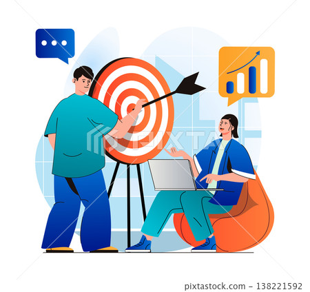 Business target concept in modern flat design. Businessman holds arrow and aims at dartboard, businesswoman analyzing data. Achievement of career goals, business strategy. Vector illustration Business target concept in modern flat design. Businessman holds arrow and aims at dartboard, businesswoman analyzing data. Achievement of career goals, business strategy. Vector illustration 138221592