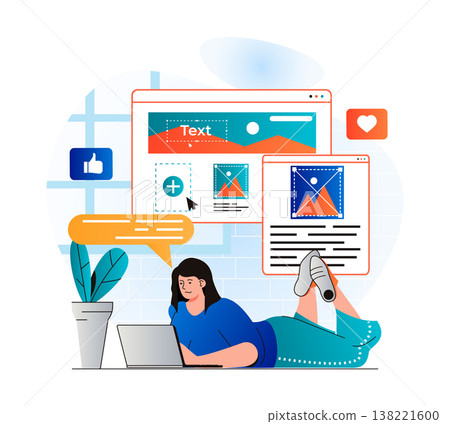 Content manager concept in modern flat design. Woman writes texts, fills site pictures, places elements. Designer creates graphics and generates ideas. Online business promotion. Vector illustration 138221600