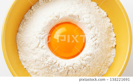 Close up egg on flour with yellow bowl Close up egg on flour with yellow bowl 138221691