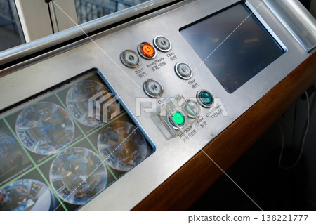 Tram funicular railway operator control panel with buttons and monitor inside driver cabin Tram funicular railway operator control panel with buttons and monitor inside driver cabin 138221777