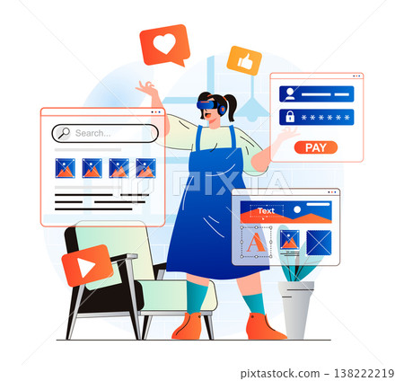 Cyberspace concept in modern flat design. Woman working at internet using VR headset and touches visual interface with banking or search services. Virtual augmented reality. Vector illustration Cyberspace concept in modern flat design. Woman working at internet using VR headset and touches visual interface with banking or search services. Virtual augmented reality. Vector illustration 138222219