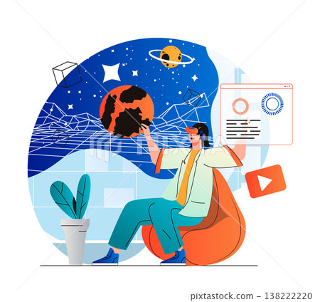 Cyberspace concept in modern flat design. Woman explores galaxy and planets in galaxy simulation using VR headset, innovation interactive education. Virtual augmented reality. Vector illustration Cyberspace concept in modern flat design. Woman explores galaxy and planets in galaxy simulation using VR headset, innovation interactive education. Virtual augmented reality. Vector illustration 138222220