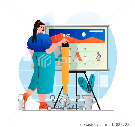 Design studio concept in modern flat design. Woman designer creates graphic elements and works with fonts using pen tools. Illustrator drawing pictures and site content in studio. Vector illustration Design studio concept in modern flat design. Woman designer creates graphic elements and works with fonts using pen tools. Illustrator drawing pictures and site content in studio. Vector illustration 138222223