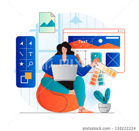 Design studio concept in modern flat design. Woman designer select colors from palettes, creates graphic elements and works using pen tools. Illustrator drawing pictures in studio. Vector illustration Design studio concept in modern flat design. Woman designer select colors from palettes, creates graphic elements and works using pen tools. Illustrator drawing pictures in studio. Vector illustration 138222224