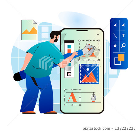 Design studio concept in modern flat design. Man designer drawing graphic elements using pen tool, creates pictures, works with fonts, optimizes interface of mobile application. Vector illustration Design studio concept in modern flat design. Man designer drawing graphic elements using pen tool, creates pictures, works with fonts, optimizes interface of mobile application. Vector illustration 138222225