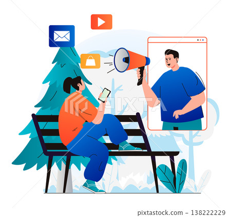 Digital marketing concept in modern flat design. Man with megaphone attracts customers. Woman sees advertisement in mobile application. Online promotion and advertising campaign. Vector illustration 138222229