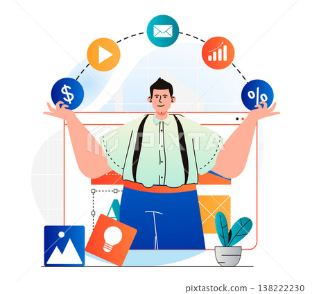 Digital marketing concept in modern flat design. Man uses marketing tools, email newsletters, discounts and attracts new customers. Online promotion and advertising campaign. Vector illustration 138222230