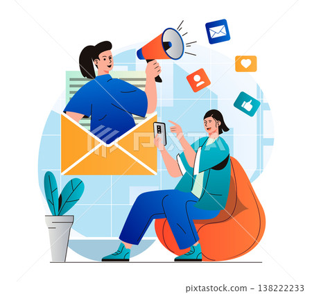 Email marketing concept in modern flat design. Woman receiving newsletter in mobile app. Marketer with megaphone attracts new customers. Online promotion and advertising campaign. Vector illustration 138222233