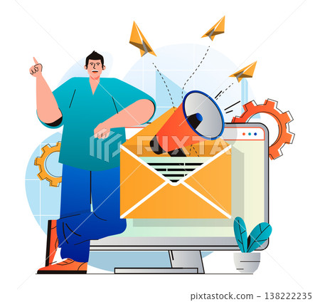 Email marketing concept in modern flat design. Man sends sales letters and newsletters to attract new customers. Online communication, business promotion and advertising campaign. Vector illustration 138222235